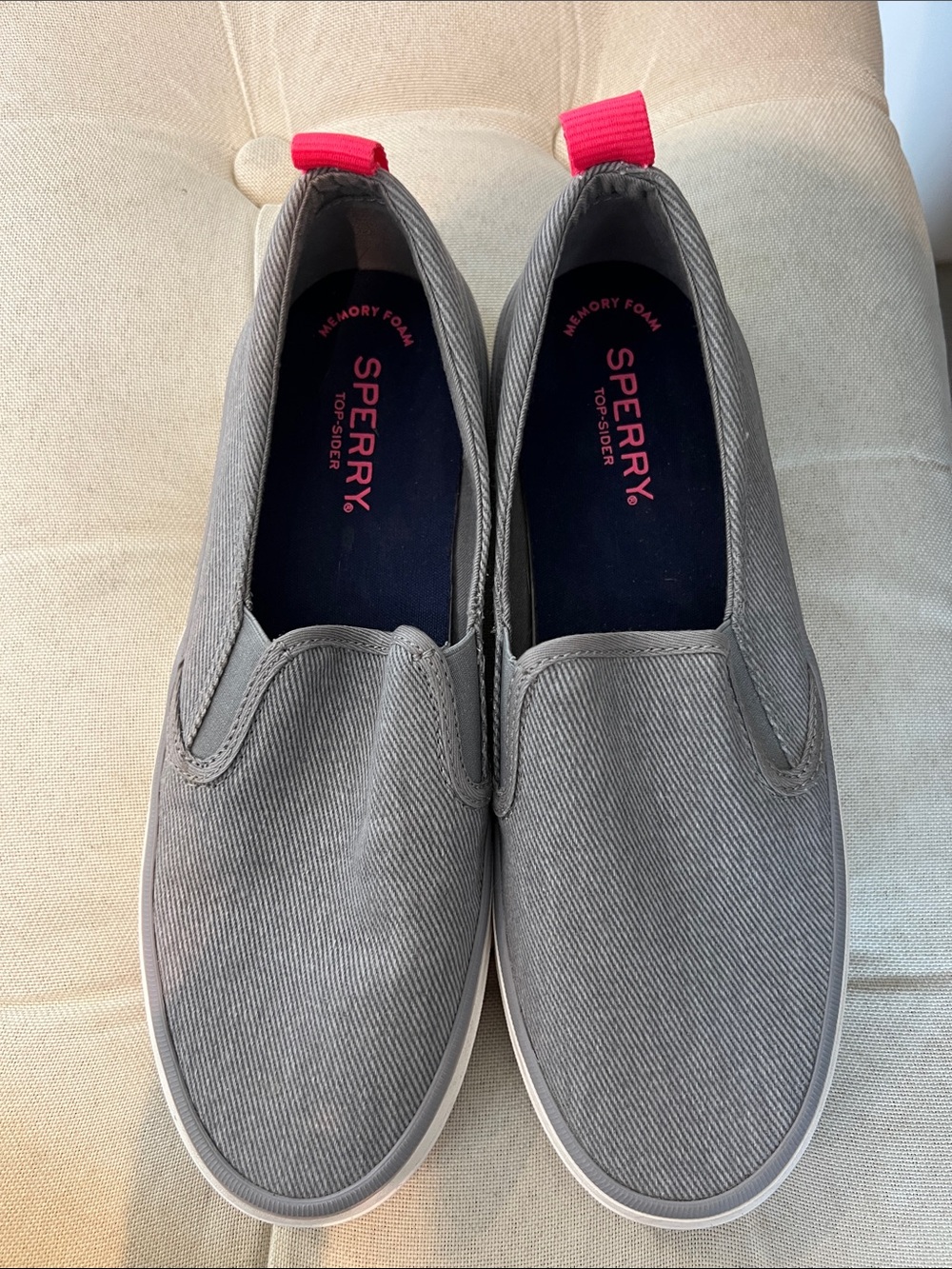 Sperry Women’s Gray Canvas Slip-On Loafers with Pink Heel Tab